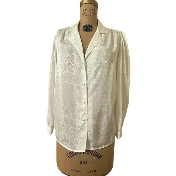 Vintage Steven Barry White on white floral patterned long sleeve blouse size 12 - Picture 6 of 13